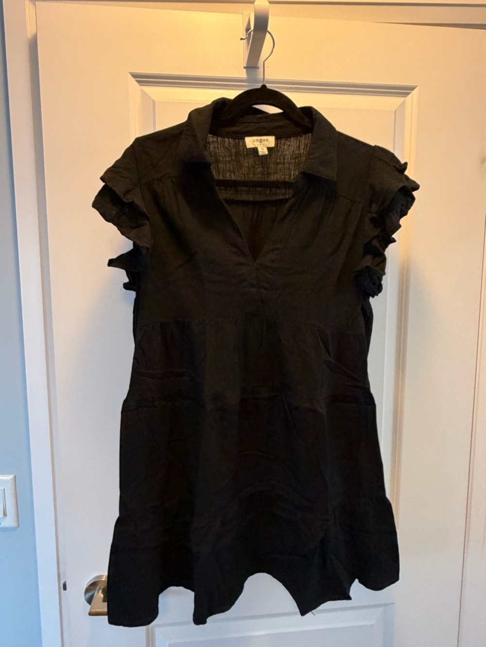 Umgee Black Linen Midi Dress with Ruffle Sleeves